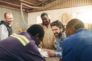 A group of carpenters laughing together