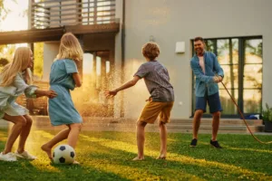 Family playing in the yard