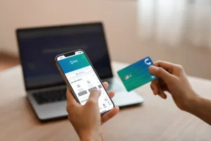 Person using UCCU Mobile app and holding UCCU Debit card