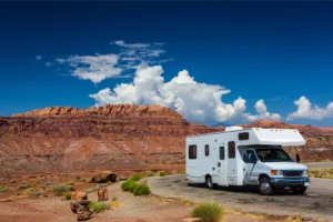 RV driving near red rocks