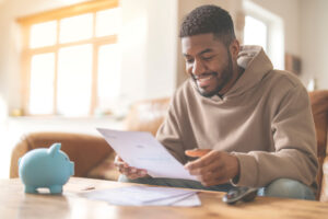 Young student reading papers on couch